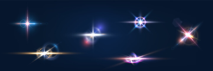 Flash, realistic highlights, glowing effects, camera light, sunlight reflection, stars, isolated highlights, sparkling highlights. Isolated on transparent background, png. Celestial, space elements
