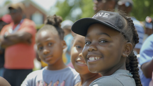 A community Juneteenth event with people of all ages participating in games, activities, and cultural performances, captured in HD