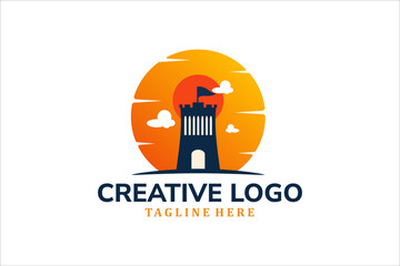 Modern Flat Unique castle logo vintage with sunset background logo template illustration design