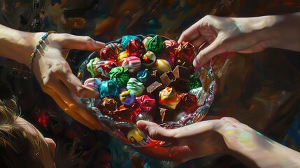 Two hands reaching for a bowl of colorful chocolates.