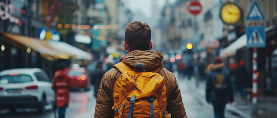 Tourist puzzled by a foreign language sign