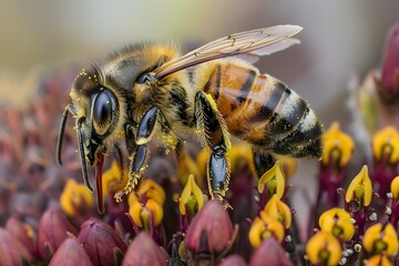 Fototapeta premium Closeup of Honeybee Collecting Nectar from Vibrant Flower Bloom