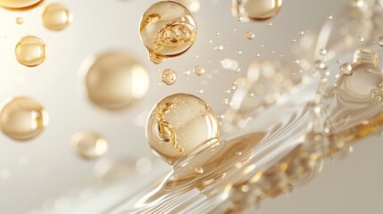 Obraz premium Golden Oil Droplets Splashing and Floating on a White Background, a Close-Up Macro Shot of a Liquid Substance, Suitable for Beauty, Health, or Cosmetics Advertising