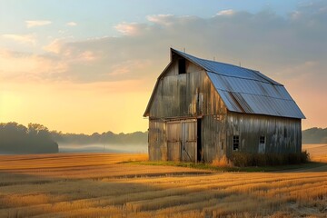 Rustic Barn in a Golden Countryside Landscape at Sunset