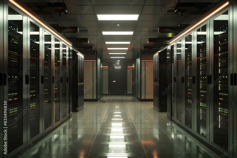 Poster futuristic server room with supercomputers