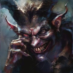 a demon having his right hand on is face and smiling