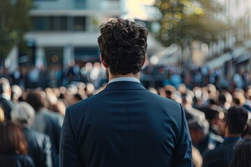 Fototapeta premium Rear view of a man in a tight suit standing confidently in front of a large crowd of people