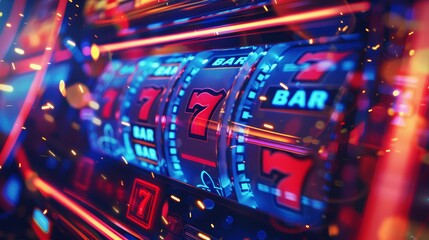 Fototapeta premium Vibrant and dynamic close-up of a casino mix slot machine, showcasing the excitement of gambling. Perfect for casino and gaming visuals