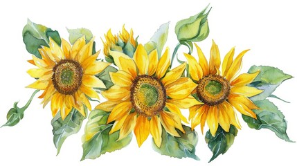 Watercolor drawing of yellow sunflowers, capturing vibrant colors and delicate details. Perfect for botanical and nature-themed illustrations