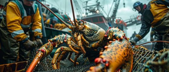 A giant lobster being lifted from a fishing net