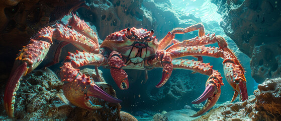 A giant king crab in a rocky underwater cave