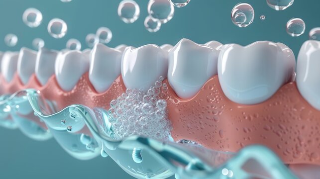 Closeup of Sparkling Clean Teeth Emerging from Water with Bubbles, Representing Oral Hygiene and Fresh Breath