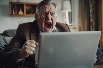 An angry middle-aged businessman is visibly upset, shouting while staring at his laptop screen