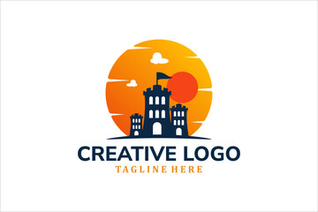 Obraz premium Modern Flat Unique castle logo vintage with sunset background logo template illustration design
