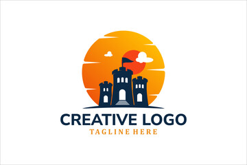 Modern Flat Unique castle logo vintage with sunset background logo template illustration design