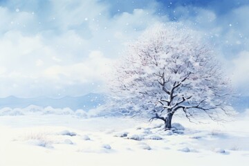 Digital painting of a majestic lone tree blanketed in snow, evoking a peaceful wintery scene