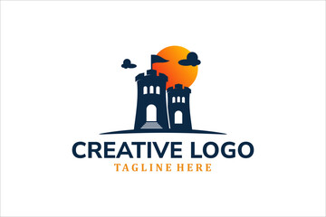 Modern Flat Unique castle logo vintage with sunset logo template illustration design