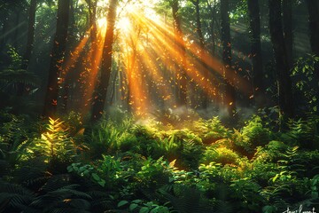 Sun rays illuminate a lush green forest, creating a magical atmosphere.