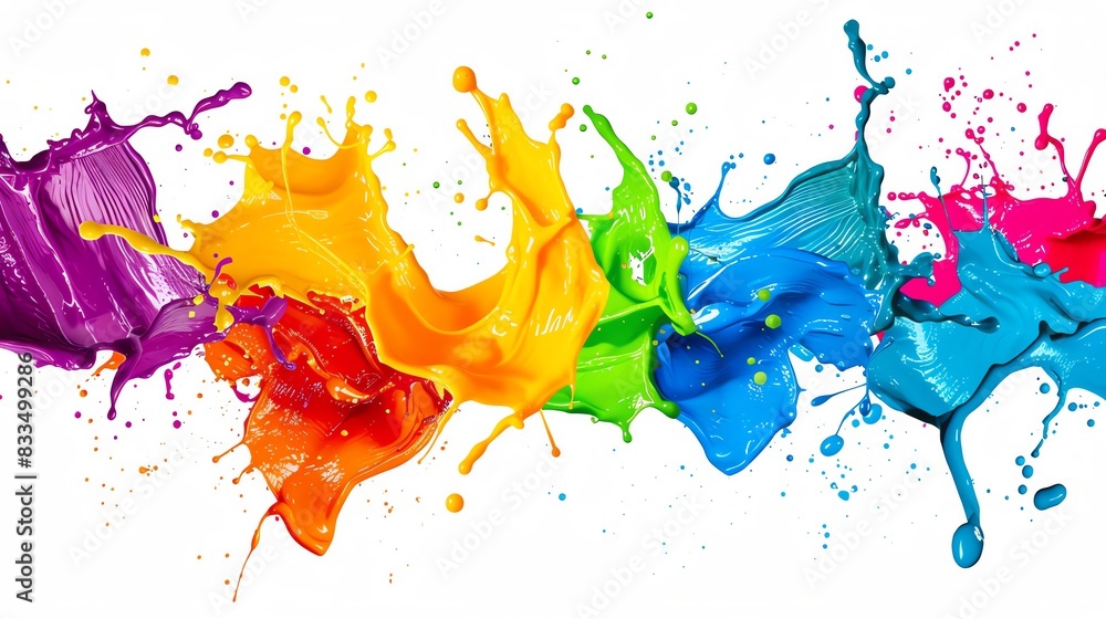 Poster vibrant paint splashes in various colors on a white background, creating a dynamic and colorful abst