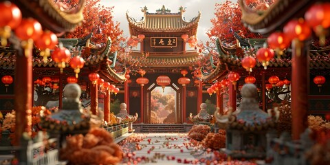 Chinese courtyard with red lanterns and autumn trees