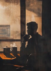 A man sits alone, drinking coffee in the early morning hours