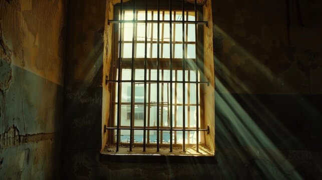 A haunting image capturing the stark contrast of hope and despair as sunlight streams through the barred window of a desolate