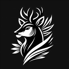 black and white tattoo, black and white stylized illustration of a deer head with jungle foliage, simple and bold design