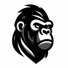 black and white stylized illustration of a gorilla head with jungle foliage, simple and bold design.jpeg