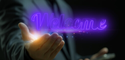 Concept of new team member, welcome word, people celebrate, meeting, greeting, discount and...