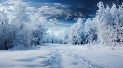 Obraz premium Pristine snowy landscape under a blue sky filled with cumulus clouds, with a trail showing human activity