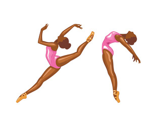Ballerina illustration, ballerinas poses. Gymnastics girl. Girl dancing classical choreography. Ballet set female. Pointe shoes. Hand drawn vector art work isolated on white background