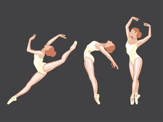 Ballerina illustration, ballerinas poses. Gymnastics girl. Girl dancing classical choreography. Ballet set female. Pointe shoes. Hand drawn vector art work isolated on white background © CaraulanDesign