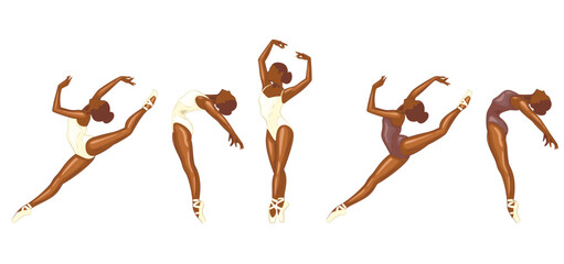 Ballerina illustration, ballerinas poses. Gymnastics girl. Girl dancing classical choreography. Ballet set female. Pointe shoes. Hand drawn vector art work isolated on white background