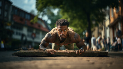 Determined man performs intense push-ups on a log in an urban setting, showcasing fitness and strength