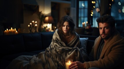 Fototapeta premium A cozy scene with a young couple wrapped in a blanket, surrounded by soft candlelight