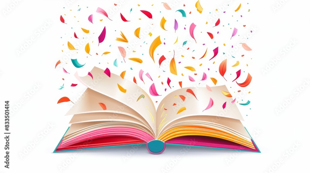 Poster an open book with colorful confetti flying out of it