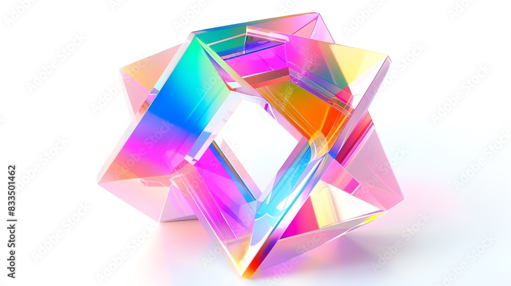 Poster abstract colorful geometric shape made of transparent material with a spectrum of colors, isolated o