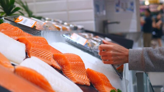 Close-up woman hands choosing fresh packaged salmon on store shelf. Selection of salmon steaks in supermarket or market counter with ice. Fresh healthy salmon for preparing delicious dietary dishes.