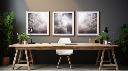 A neatly organized work desk with stylish chair, framed abstract art prints, and indoor plants create a contemporary home office space