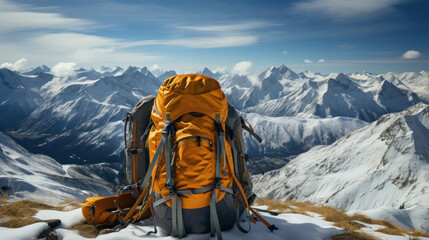 An isolated bright orange backpack stands amidst a snowy mountainous landscape under a crisp blue sky
