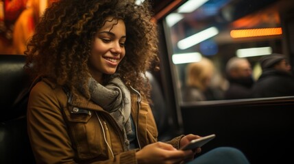 A cheerful woman enjoys using her smartphone on a public transport with city reflections in the window