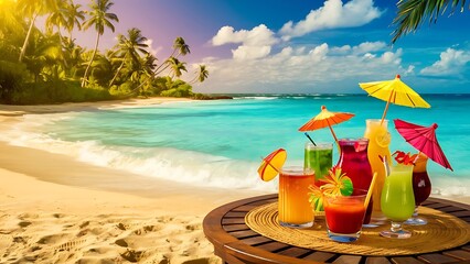 Art tropic summer vacation; Exotic drinks on blur tropical beach background