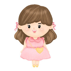 Cute little girl with a bright and happy smile, Wear an Pink dress and pink hair bow on transparent backgroung.PNG.