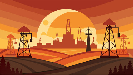 An iconic image of progress and prosperity as the oil derricks stand tall against the backdrop of a setting sun.. Vector illustration