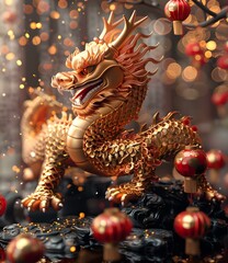 Obraz premium A golden dragon playing with a pearl
