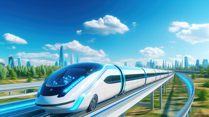 Obraz premium Modern high-speed train traveling through lush parkland with urban skyline in the background