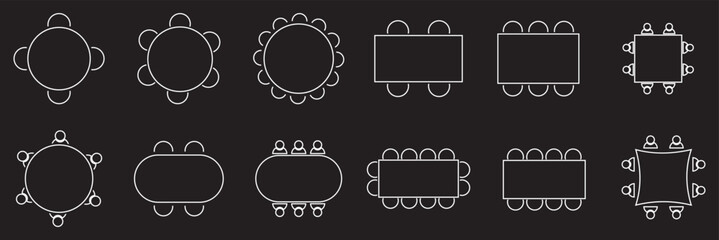 Table Seating Arrangement Icons for an Event - Clipart Outline.  isolated on white and black background. Vector illustration . EPS 10 