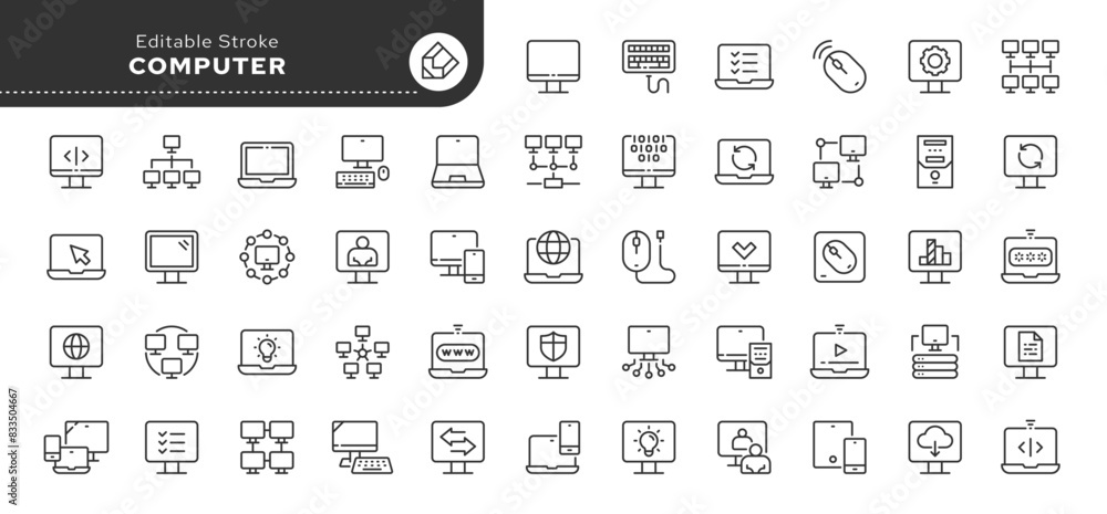 Wall mural computer and laptop line icon set. network, setup, media connection and components. outline vector i