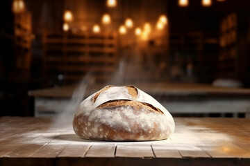 Freshly baked rustic bread loaf on a wooden table with a bakery background.