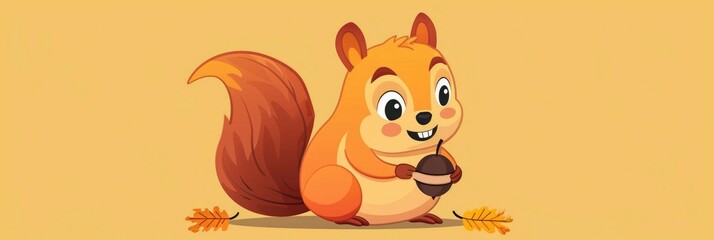 Obraz premium Cute and Cheerful Squirrel Graphic Holding an Acorn and Smiling Playfully in an Autumnal Forest Setting Cartoon Animal Character Design for Mascot Icon or Emblem Usage